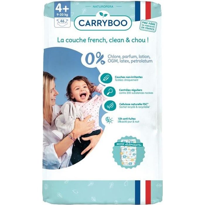 CARRYBOO : Couches écologiques Dermo- sensitives taille 4+ (9-20 kg) 46 couches