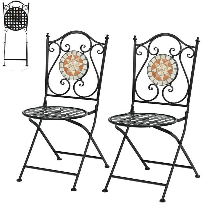 DREAMADE Lots de 2 Chaises de Jardin Pliables en Fer Forgé Mosaïque Style Rétro, 50X40X94,5CM, Charge110 KG, pour Jardin, Terrasse