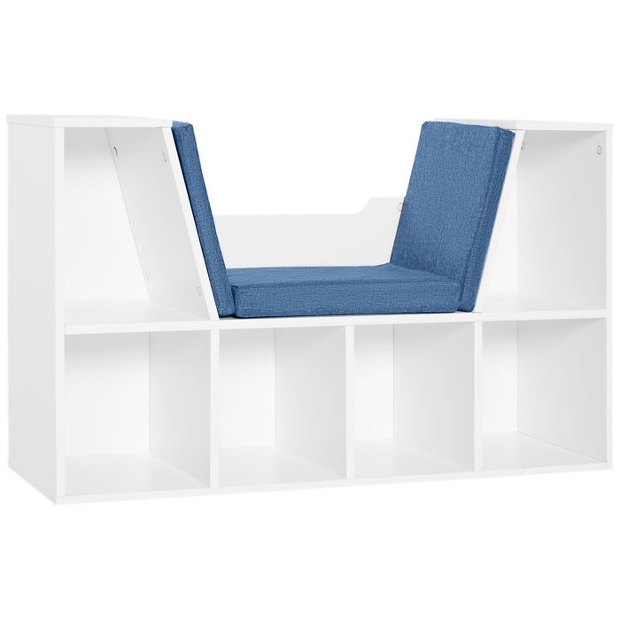 Bibliothèque banc 2 en 1 design contemporain 6 casiers 3 coussins fournis 102L x 30l x 61H cm blanc bleu 102x30x61cm Bleu
