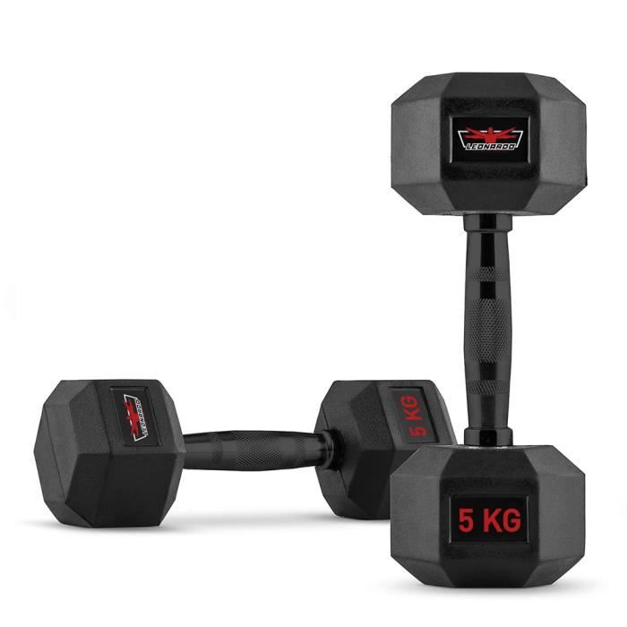Set de 2 haltères hexagonaux crossfit en caoutchouc et acier 5 kg Goemon