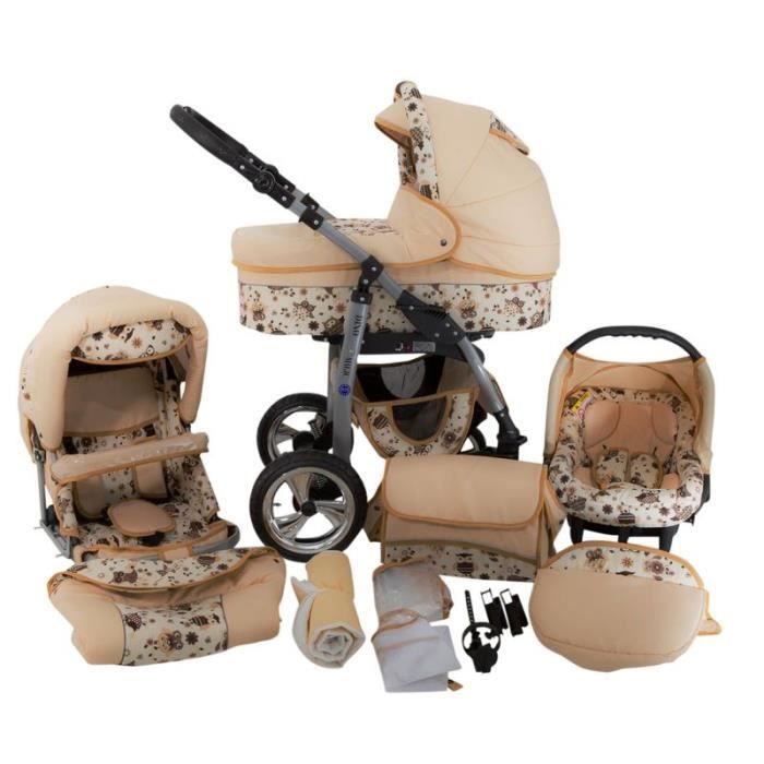 Dino Poussette Trio Nacelle Poussette Canne Siège auto Chancelière Accessoires 56 hibou beige