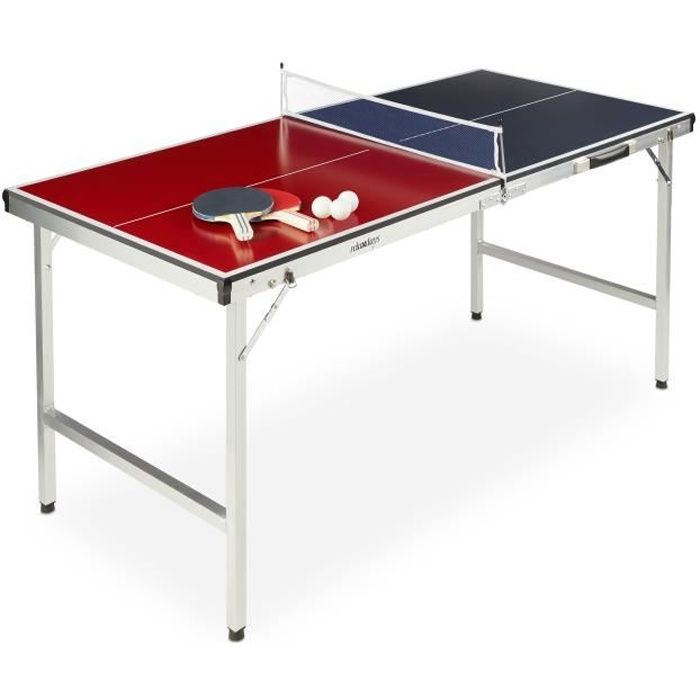 Relaxdays Table de ping-pong pliante, portable, Filet, 2 raquettes, 3 balles, Alu, MDF, 67,5 x 151 x 67,5 cm, bleu/rouge -