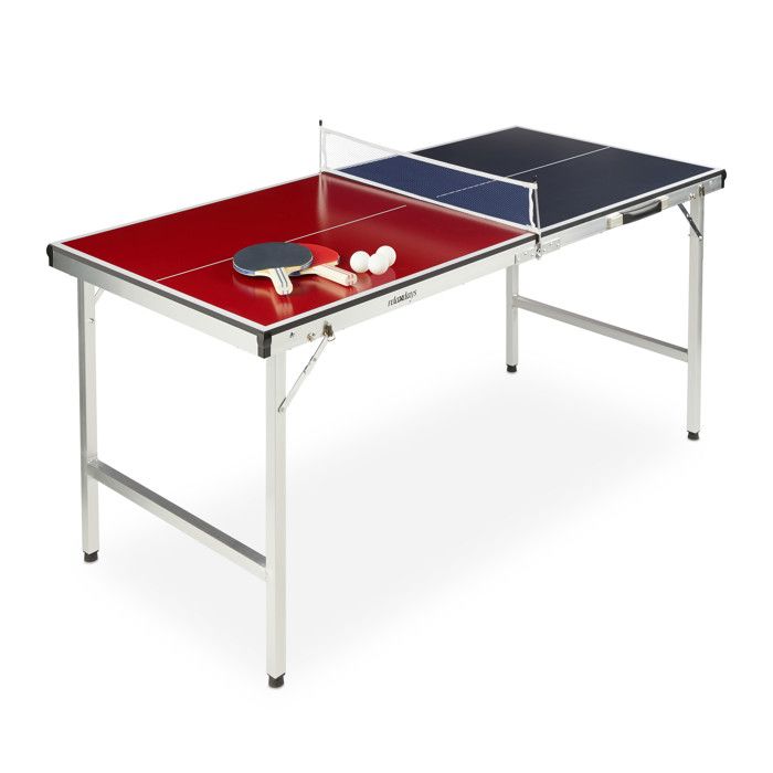 Relaxdays Table de ping-pong pliante, portable, Filet, 2 raquettes, 3 balles, Alu, MDF, 67,5 x 151 x 67,5 cm, bleu/rouge -