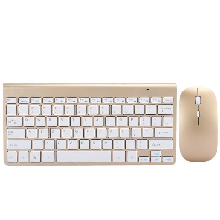 Ensemble Clavier et Souris sans Fil Ultra-Mince Muet Mini Accessoires d'Ordinateur de Bureau Domicile 2.4G(Or ) XIA