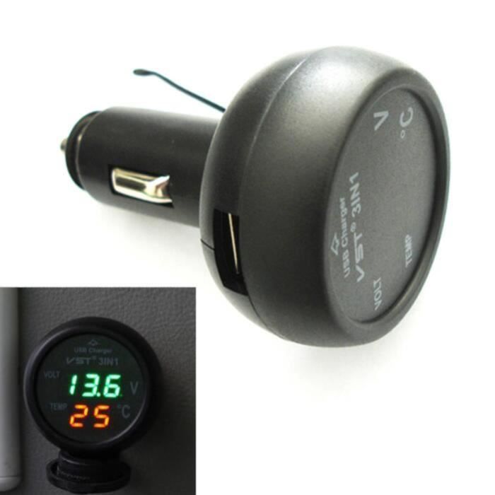 Voltmètre Allume-cigare Thermomètre Chargeur USB LED Auto 12-24V LED vert rouge