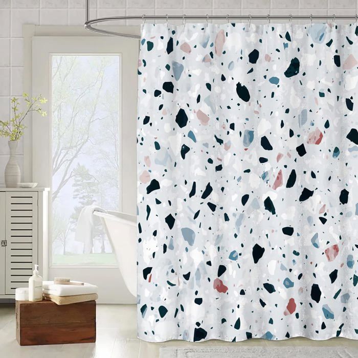 Rideau De Douche Géométrique Anti-moisissure 180x200 Cm - Polyester Imperméable - 12 Crochets Inclus - Blanc