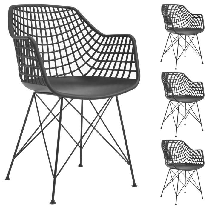 lot de 4 chaises noir - accoudoirs - coque en plastique - 4 pieds croisé en métal laqué - design retro - chaise de salle à manger