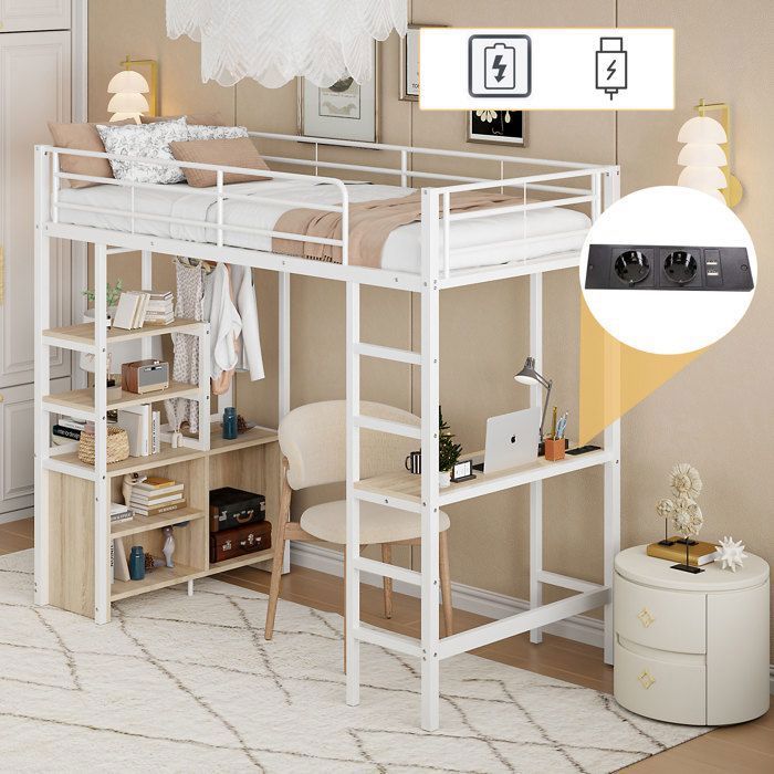 Lit mezzanine avec bureau lit mezzanine ados lit mezzanine 90x200 cm avec prise et USB placard de rangement ouvert blanc
