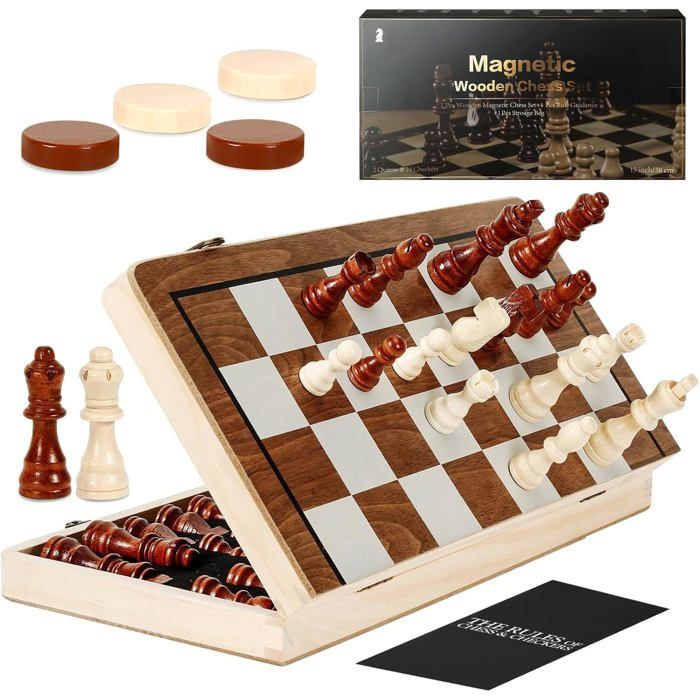 Peradix Jeu Échecs Et Dames 2 En 1 – Échiquier En Bois Magnétique Pliable 38x38 Cm – Pièces Aimantées – Voyage Et Éducation – Cadeau Enfant Adulte