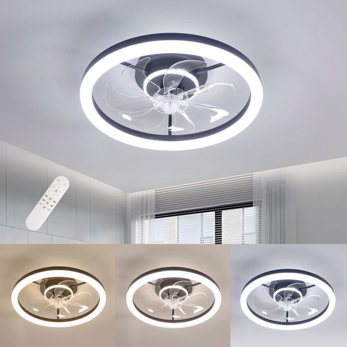 DELIPOP Plafonnier Ventilateur LED Ø48cm - Lustre Ventilateur de Plafond Dimmable 3000K-6500K - 6 Vitesses Silencieux - Noir - Delipop