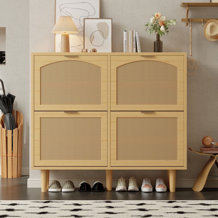 Meuble à Chaussures de couloir avec 4 tiroirs rabattables Armoire à chaussures en rotin Pour couloir et entrée 100 x 25 x 90 cm