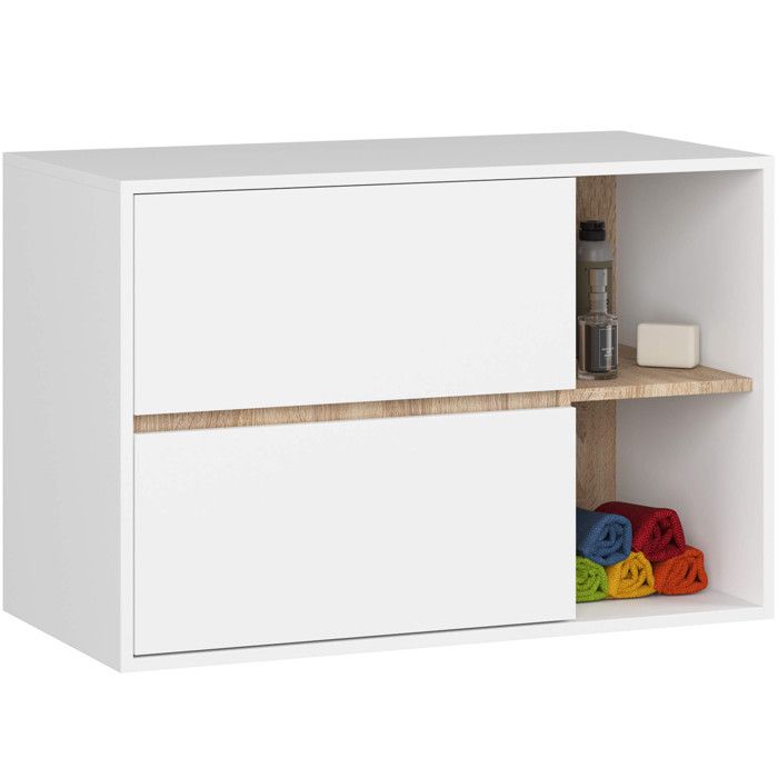 Meuble salle de bains VAMI suspendu sans vasque Blanc et Chêne Sonoma 90 cm 2 tiroirs 2 étagères 90x45 5x60 cm Meuble salle de bains VAMI suspendu sans vasque Blanc et Chêne Sonoma 90 cm 2 tiroirs 2 étagères 90x45 5x60 cm
