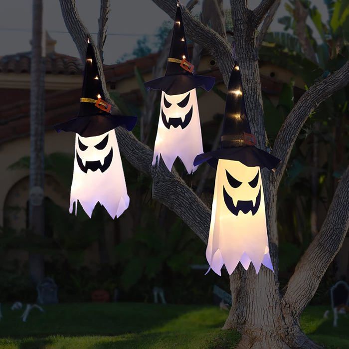 Décorations dHalloween décoration extérieure chapeau de sorcière lumineux suspendu décorations dHalloween (3 pièces)