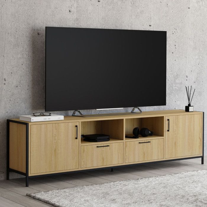 ID MARKET meuble tv DETROIT 2 portes et 2 tiroirs 180 cm bois clair à poser ID MARKET meuble tv DETROIT 2 portes et 2 tiroirs 180 cm bois clair à poser