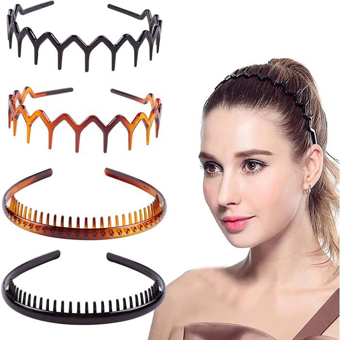 Lot de 4 serre-têtes peigne à dents en plastique confortables et ondulés pour femmes hommes et filles 4 styles