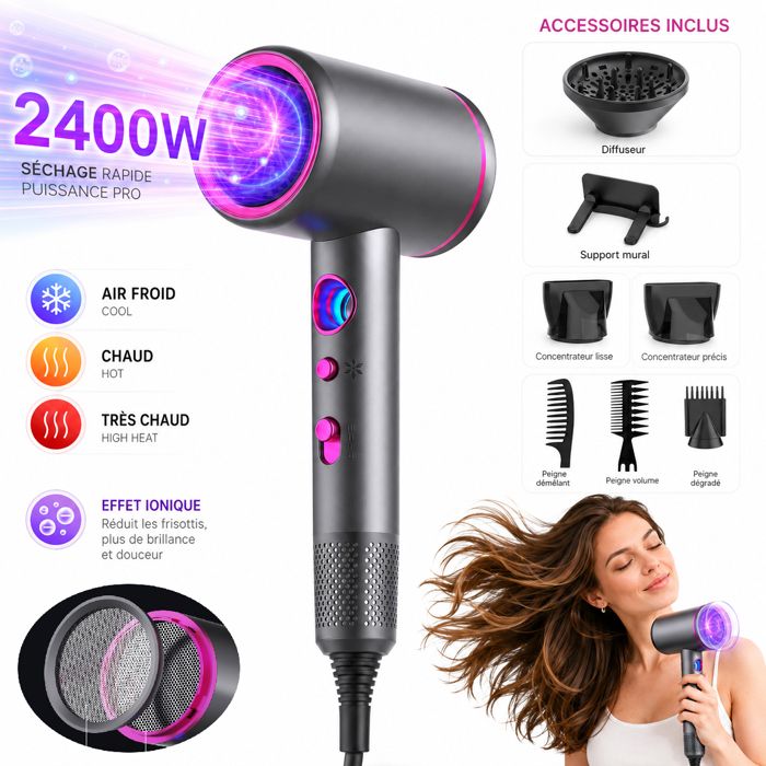 Seche Cheveux ionique Professionnel 2400W Puissant 3 Températures et 3 Vitesse - avec Support 2 Concentrateurs 1 Diffuseur Gris