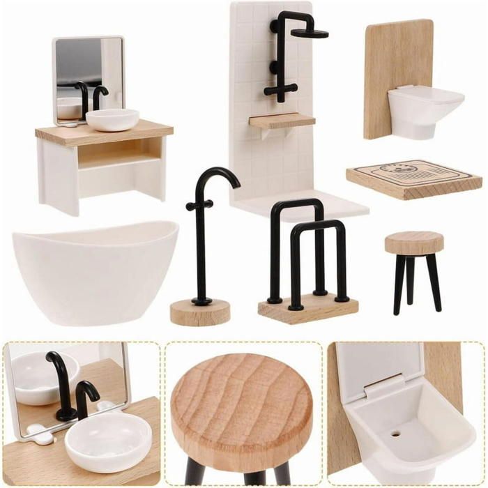 Set Accessoires Salle De Bain Maison De Poupée 1:12 – 15 Pièces Miniatures – Sèche-cheveux, Brosse à Dents, Dentifrice, Peigne – Déco Réaliste