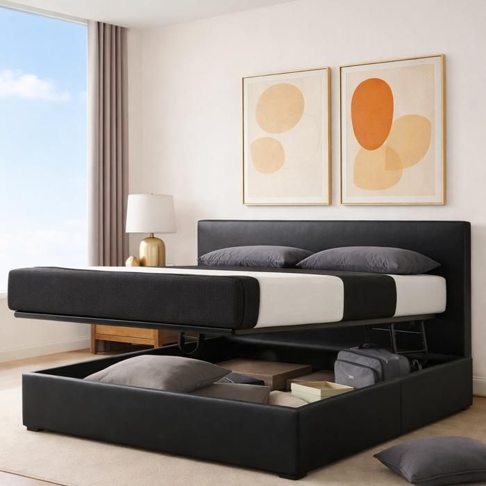 Lit coffre avec tête de lit - SAMPUR - 90x190 cm - Simili cuir noir - Ouverture horizontale - Sommier inclus