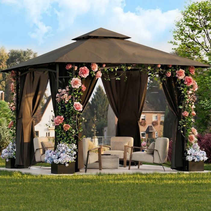 Tonnelle de Jardin 3.3x3.3m en Fer avec Bac à Fleurs 4 Parois Latérales Stable Résistant au Vent et aux Intempéries Gris