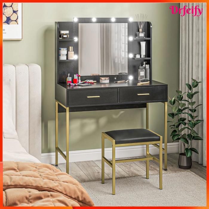 Coiffeuse avec miroir et tabouret - AKOZON - Mod. 12990 - Éclairage 10 lampes - Tabouret rembourré - 2 tiroirs