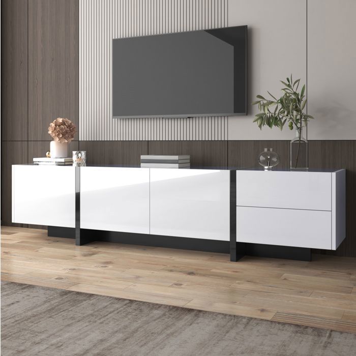 Meuble TV blanc/noir L 190 x P 45 x H 35 cm 3 portes + 2 tiroirs finition brillante