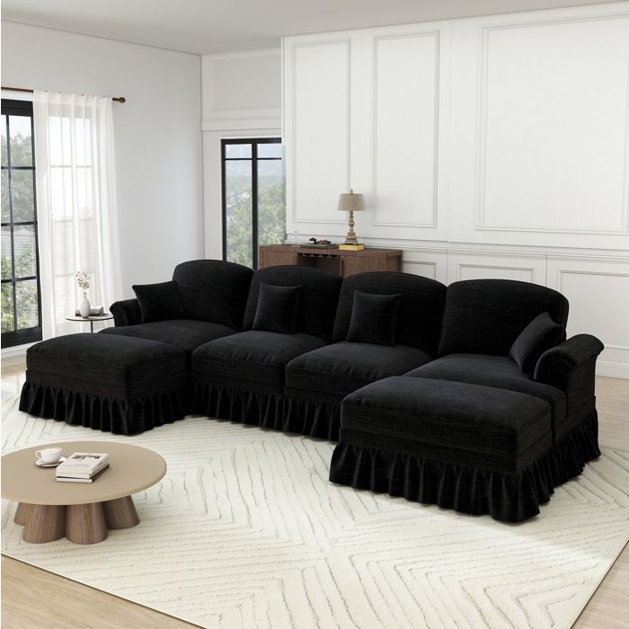Canapé d’angle modulable noir 4 places en chenille 2 looks montage facile