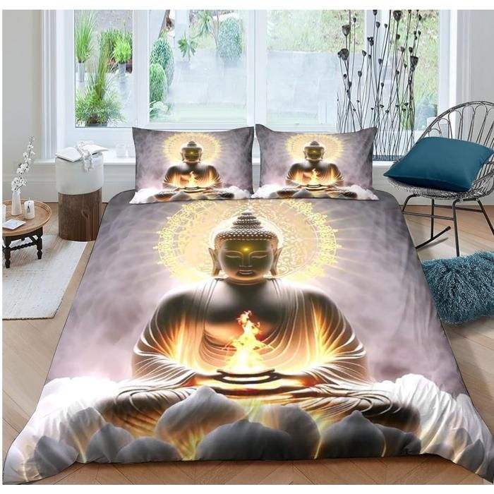 Bouddha Housse De 3D Imprimé Parure De Lit en Microfibre avec Fermeture Éclair avec Taies doreiller Imprimé 240x260cm - FSX
