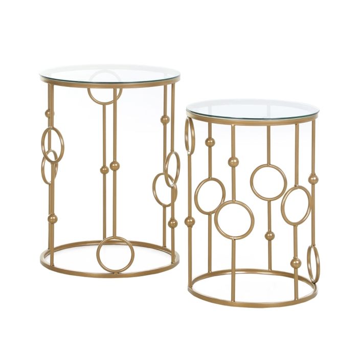 Tables basses emboîtables - Ensemble de 2 pièces - Plateau en verre trempé - Design pneu et boule