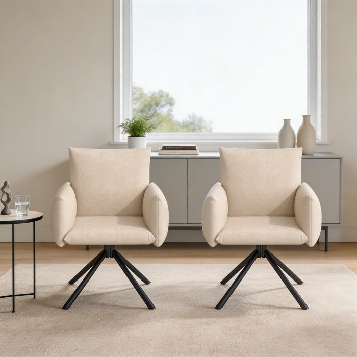 Fauteuil pivotant - Lot de 2 - Velours beige - Pivot 360° - Dossier ergonomique - Piétement métal