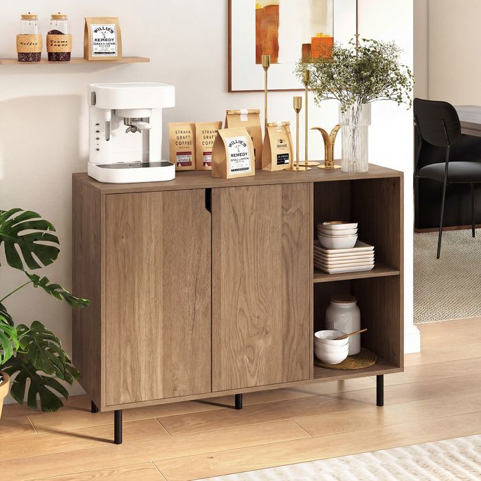 GIANTEX Buffet de Cuisine- Étagère Réglable- Pieds en Métal- 2 Portes- 2 Cubes Ouverts- Salle à Manger Salon- 106x38x80cm- Naturel