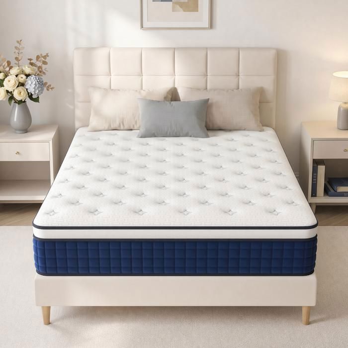 Matelas 160x200 cm Patbrela - épais 26 cm Ressorts Ensachés Mousse à Mémoire de Forme Moyenne Ferme 7 Zones Respirant bleu