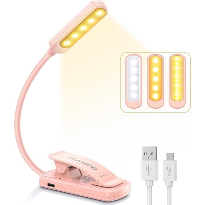 Lampe de Lecture 10 LEDs Liseuse Lampe Clip USB Rechargeable 360°Cou Flexible Gradation Progressive   3 Rose