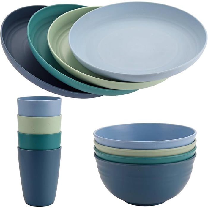 12 pièces Ensemble de vaisselle de camping 4 personnes léger et incassable et empilable Vaisselle en plastique 12×bleu SALADIER