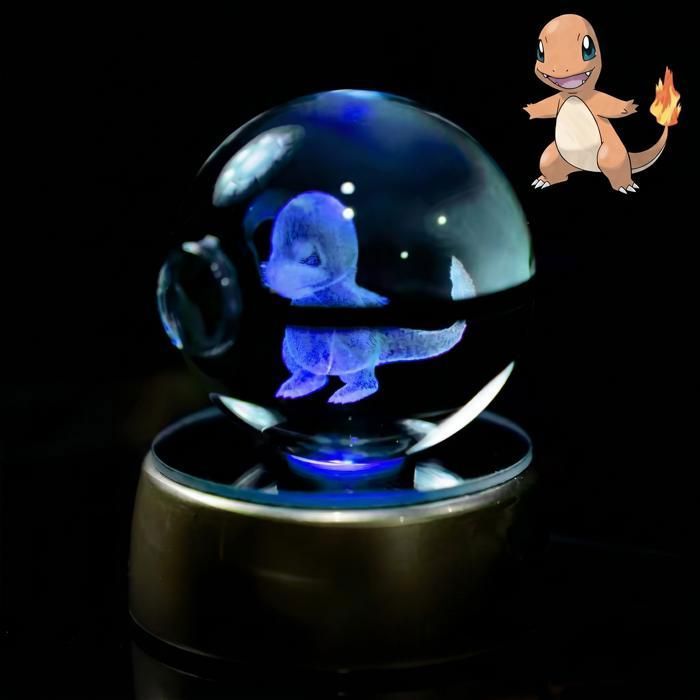 Boule de Cristal 3D Lumineuse avec Socle LED RGB – Veilleuse en verre gravé – style salameche