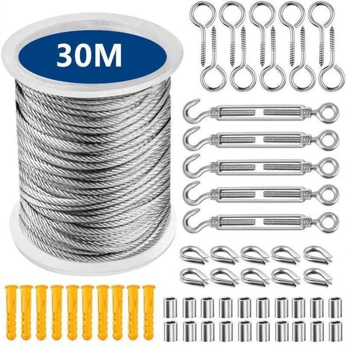 Kit fixation voile dombrage inox + câble 30m – Résistant complet pour jardin