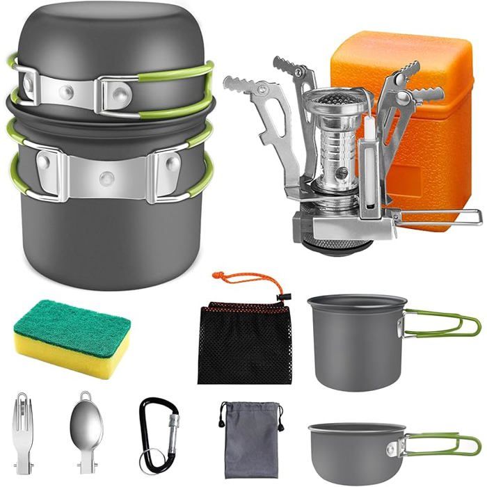 Kit de Casserole Camping Batterie Cuisine Camping avec Réchaud Gaz Ultraléger Aluminium Camping 10PCS avec Poêle