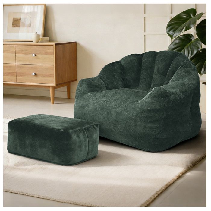 Fauteuil relax 1 place avec repose-pieds vert foncé dossier en pétales tissu doux et garnissage résilient