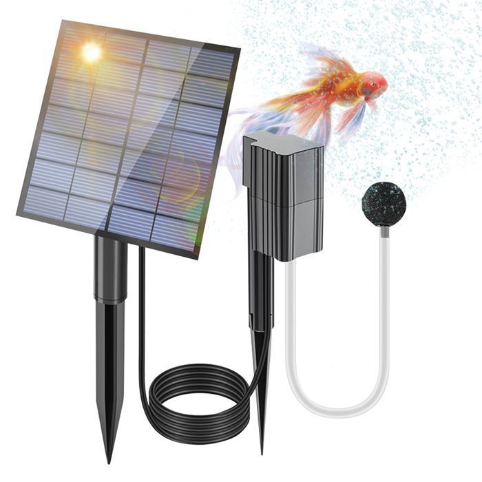 Aérateur solaire bassin – 25W/7V – 06L/min – pierre à bulles – piquet – 3m câble – 15m tuyau – poisson