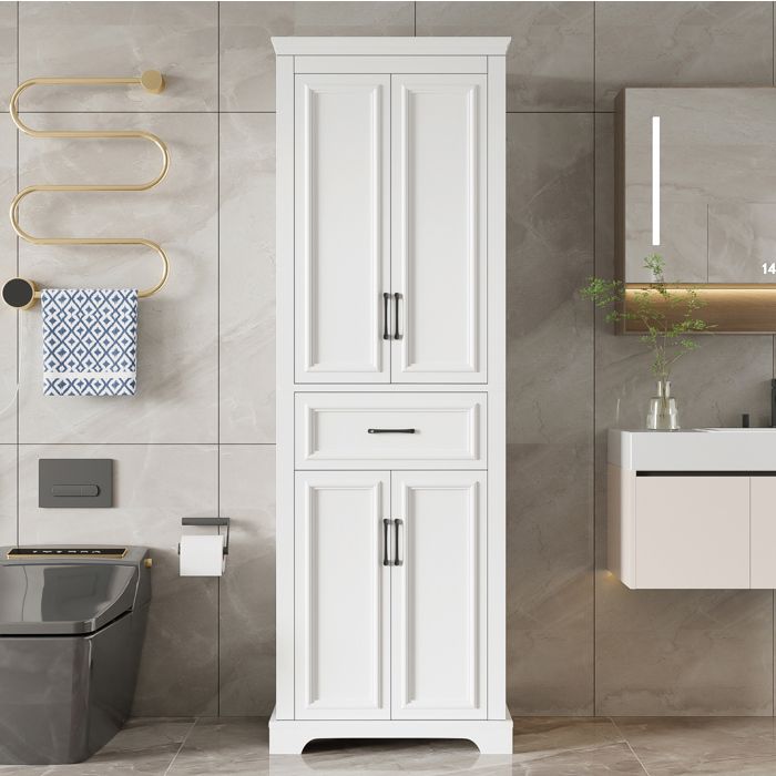 Colonne de salle de bain 60 x 40 x 180 cm en MDF laqué blanc avec 2 placards 1 tiroir et étagères réglables