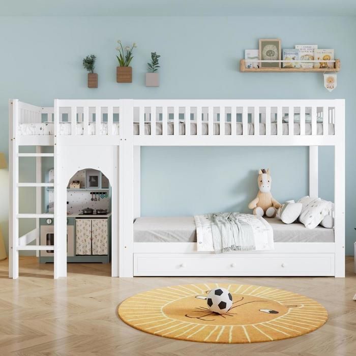 Lit superposé enfant - KOMHTOM - échelle 4 marches droite - 90x200 cm - Blanc + naturel - Barrières sécurité 4 côtés