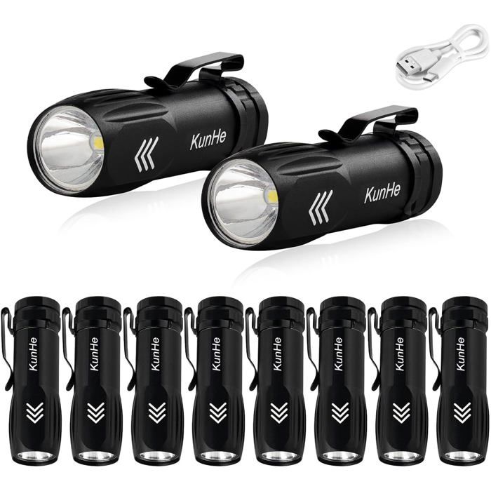 Lot de 10 mini lampes torches LED rechargeables USB-C aluminium 300 lm clip poche EDC urgence réparation camping