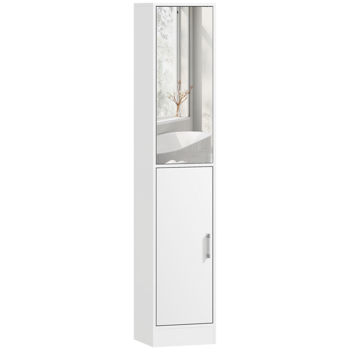 Meuble colonne salle de bain avec miroir meuble de rangement à 6 niveaux 2 portes étagères réglables 32x28x162cm blanc Meuble colonne salle de bain avec miroir meuble de rangement à 6 niveaux 2 portes étagères réglables 32x28x162cm blanc