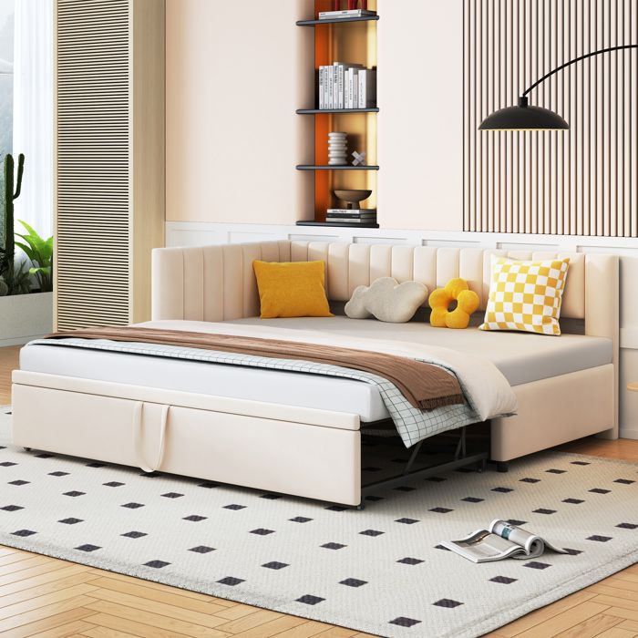 Canapé-lit L convertible 90/180*200cm en velours design compact pour lit dappoint beige