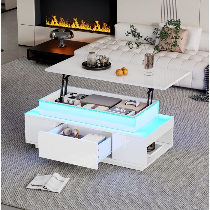 VUENOR Table basse relevable 96 x 45 x 40 cm blanc brillant avec LED rangement caché et tiroir
