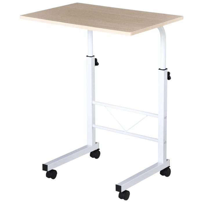 Table dAppoint à Roulettes Hauteur Réglable Table de Canapé 60x40x68-78 cm Blanc et Bois