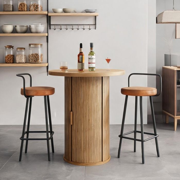 Set table haute ronde MDF effet bois avec 2 tabourets ergonomiques et rangement intégré 2 places
