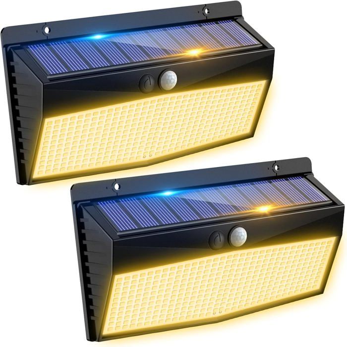368LED Lampe Solaire Exterieur Detecteur de Mouvement 3 Modes Lumiere Solaire Étanche Eclairage Solaire [Blanc Chaud Lot de 2]