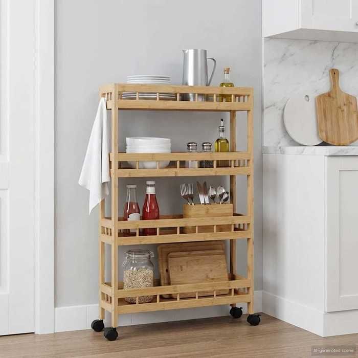 Desserte cuisine - Chariot de Cuisine avec Roues Naturel 60x18x97 cm Bambou - design élégant - pour maison(12304）