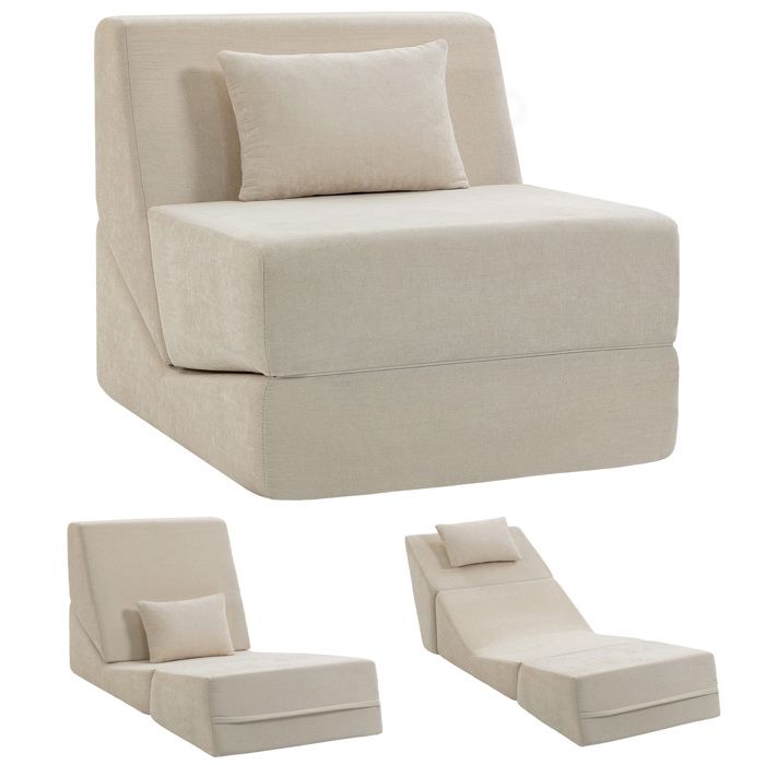 Canapé-lit pliant - HOMCOM - chauffeuse 1 place convertible 3 en 1 - dossier et coussin - compressé - chenille - 76x90x74cm - beige