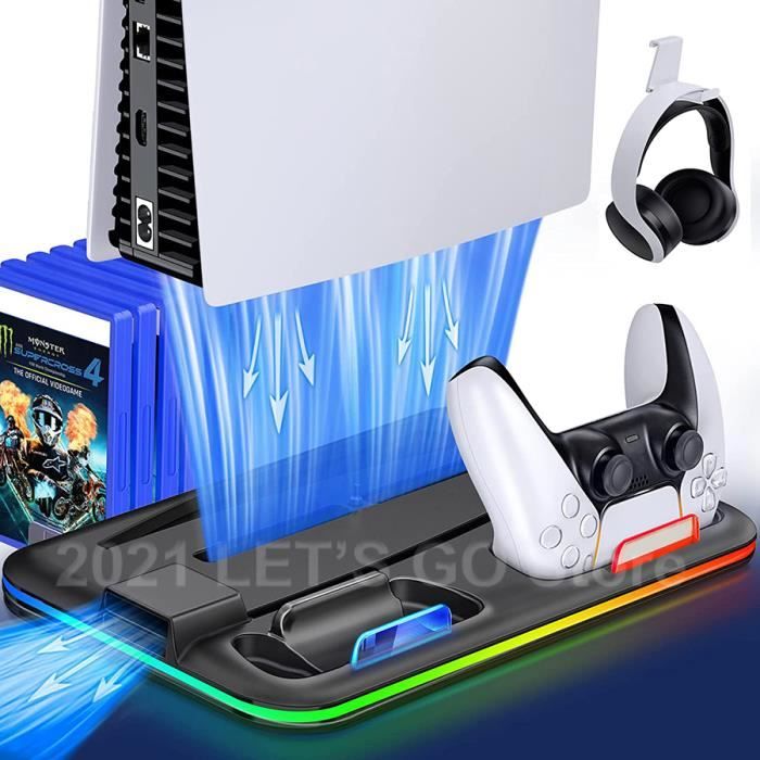 Support Vertical PS5 Pro / PS5 Slim + Station Charge Double Manette + Ventilateur 3 Vitesses – RGB 10 Modes, Refroidissement Efficace